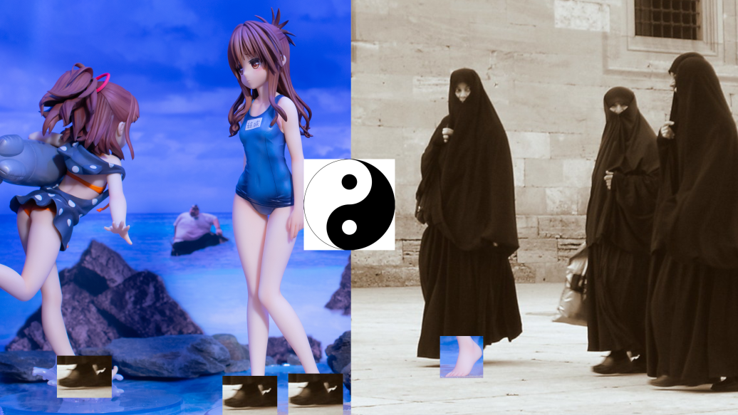 Dualities by @93850184, image of a pair of anime figurines juxtaposed with a group of hijabis