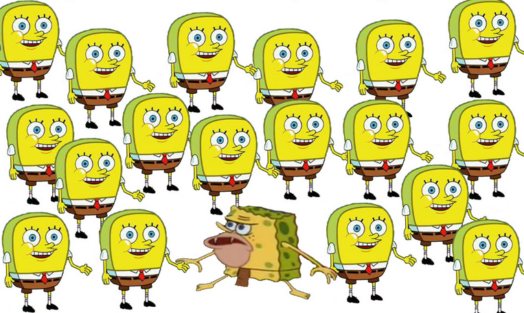 Odd one out by @93850184, caveman spongebob surronded by many 'Normal Spongebobs'